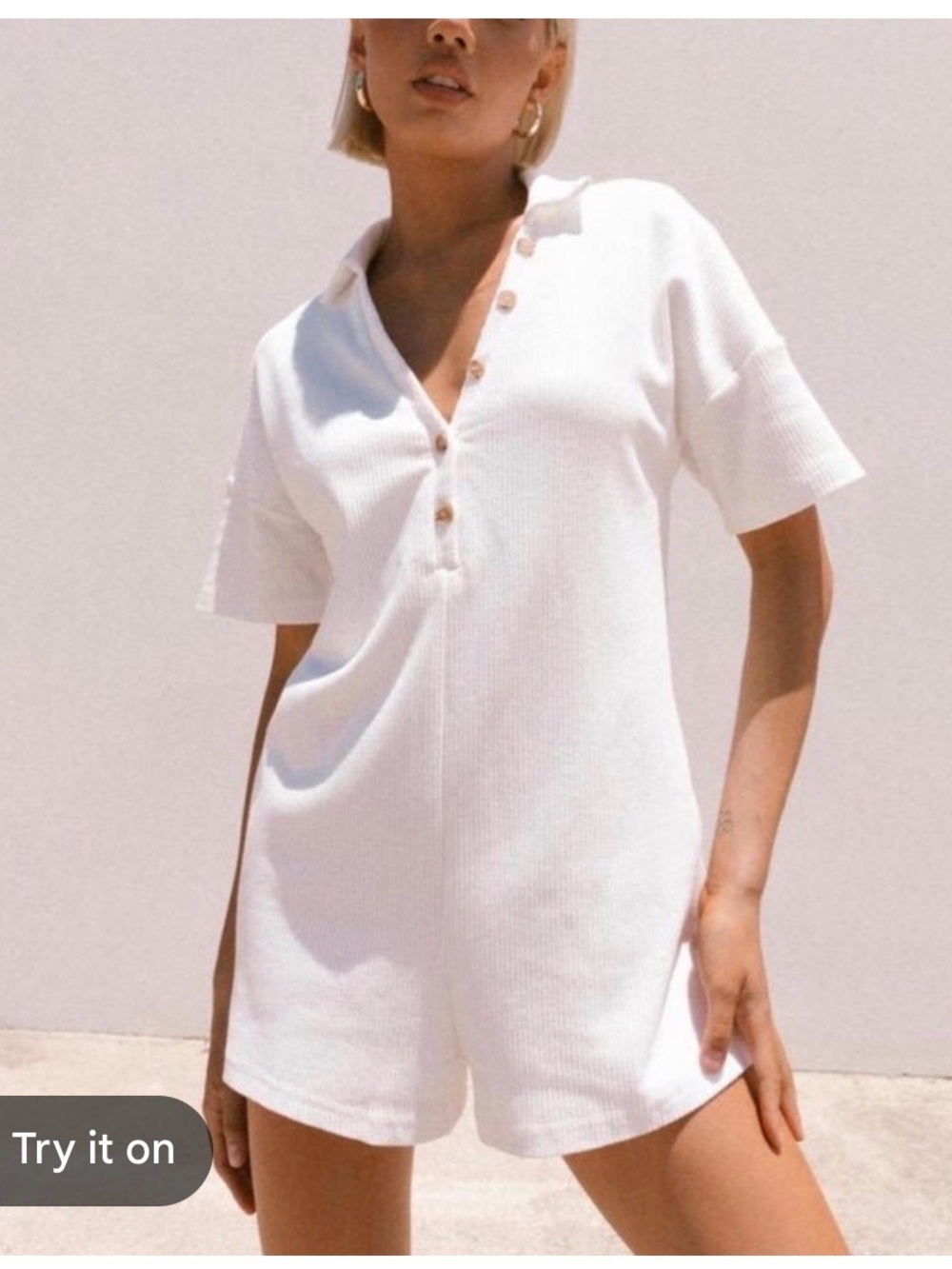 Princess Polly Off White Short Sleeve Ribbed Polo Romper Sz 4 / Small